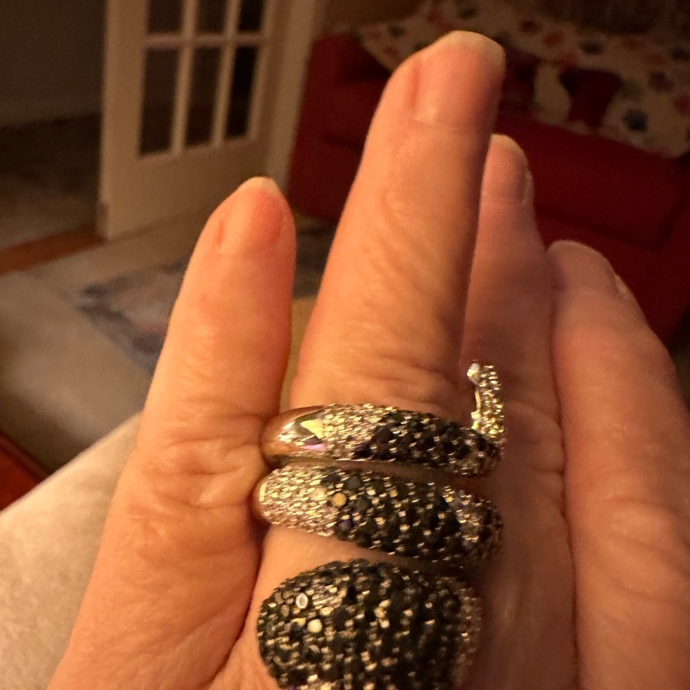 Silver and Black and white spinel  Snake Wrap Ring - Statement Women's Jewelry.